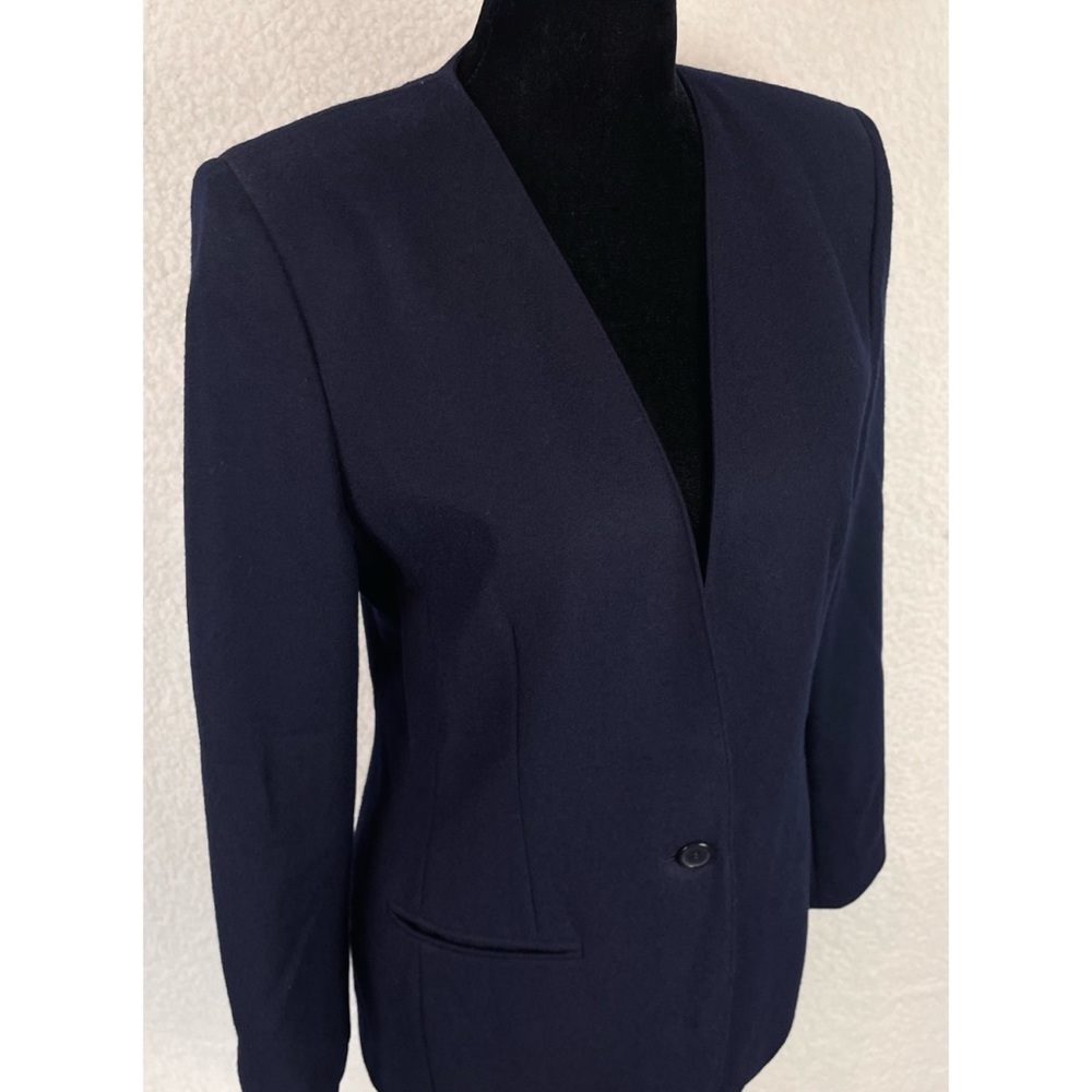 (VTG) JASON PRESCOTT • Petites Navy Blue Structured Pure Wool Blazer Jacket, 4P - Picture 8 of 13